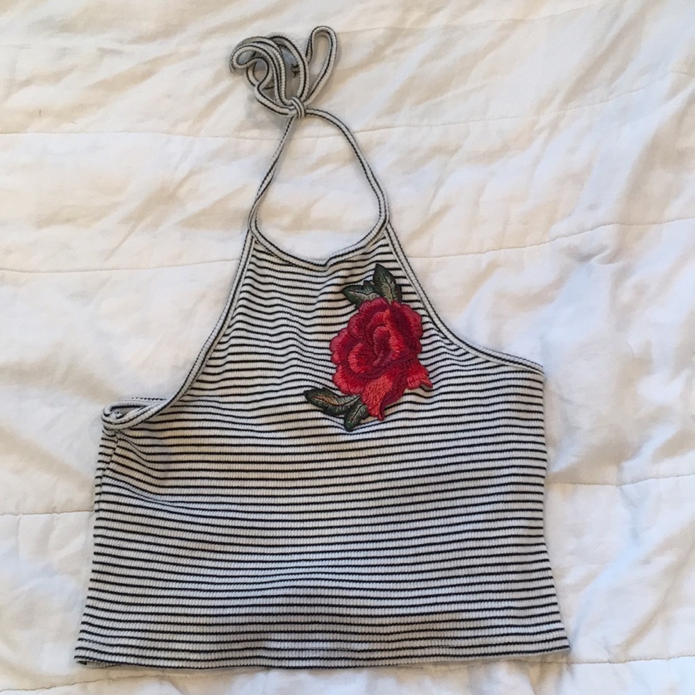 Crop top halter top with red rose on front. Size S